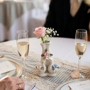 Vintage Small kissing swans bud vase with pink white & blue flowers gold accents
